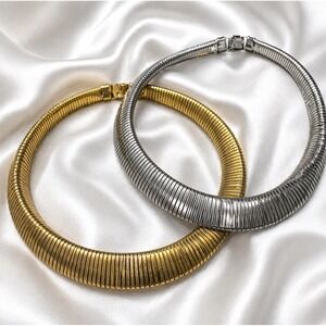 2 Vintage Gold & Silver Tone Snake Chain Collar Necklaces Wide Ribbed Choker